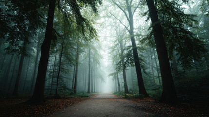 Fototapeta premium A misty forest path leads into the unknown, creating an atmosphere of mystery.