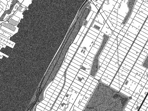 Black and white city map of Morningside Heights, New York, illustrated with fine detail and sketch textures.