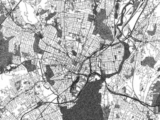 Naklejka premium Black and white map of New Haven, Connecticut, designed in a digital hand-drawn style, highlighting roads, parks, and rivers.