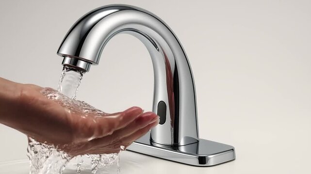 touchless invention concept. Modern chrome faucet with sleek design and motion sensor feature.