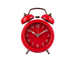  a classic red alarm clock with bells on top, realistic details and shadows, isolated