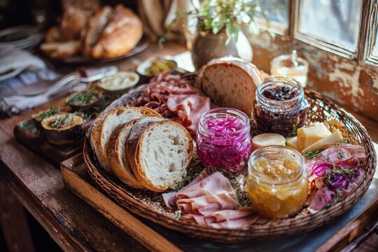 Artisanal Charcuterie Board Feast with Bread and Jams.