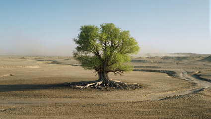 A solitary green tree with exposed, spreading roots stands in a desolate, arid landscape. The dry, cracked earth and dusty air create a powerful image of survival in a harsh environment.