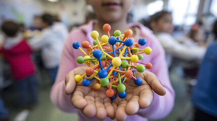 Young child s hands carefully holding a colorful molecular model representing science and education