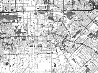 Minimalist map of Pearland, Texas, illustrated in black and white with a bold street grid and shaded parks.