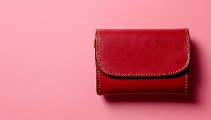 A small red leather coin purse on a pink background