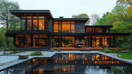 Obraz premium Modern luxury home with pool at dusk.