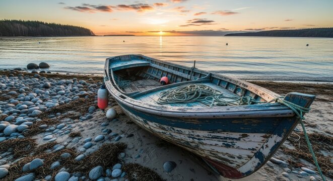 Old rowboat rests on a rocky beach as the sun sets over the calm ocean water