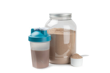Protein powder.protein shake isolated on white background.Shaker bottle with protein.Food supplement.Whey protein powder with shaker for mixing.Sports nutrition.Concept of sports and healthy lifestyle