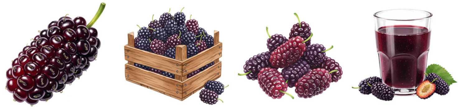 Fresh juicy mulberries and refreshing juice, perfect for summertime treats and healthy recipes with transparent background