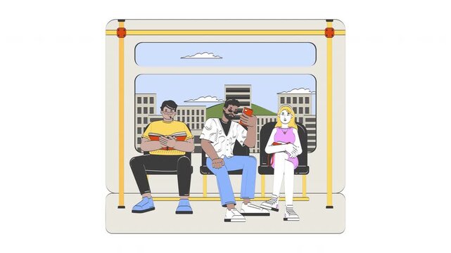 Diverse commuters sitting on public train with city view doodle cartoon animation. Swaying people reading, browsing phone animated 2D characters isolated on white background. 4K video motion graphic