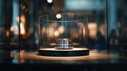 Revolving display case rotating a rare artifact smoothly with the object sharply in focus and soft outoffocus surroundings enhancing exclusivity.