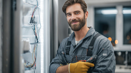 Refrigerator repairman is dressed in a work uniform. He is wearing protective gloves. The repairman is holding tools in his hands. The background is related to household appliances.