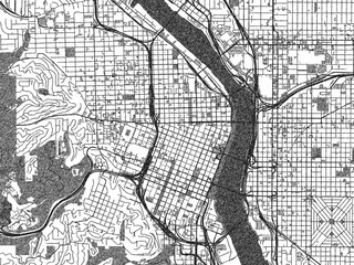Naklejka premium Monochrome map illustration of Portland Center, Oregon, with hand-drawn style textures highlighting its streets and rivers.