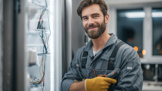Refrigerator repairman is dressed in a work uniform. He is wearing protective gloves. The repairman is holding tools in his hands. The background is related to household appliances. - Powered by Adobe