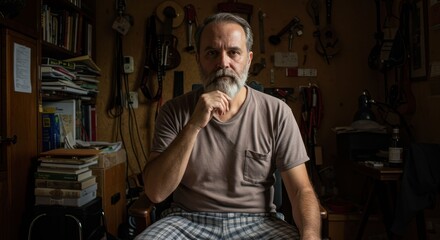 Pensive man with beard in room with instruments and book shelf