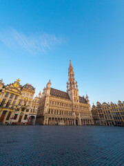 Town Hall and Empty Grand Place at Sunrise. City of Brussels, Belgium