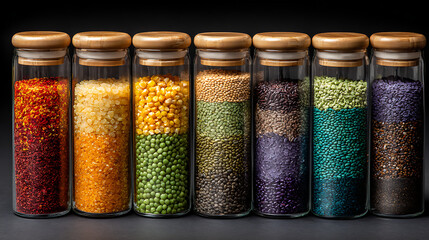 A row of glass jars with wooden lids, filled with colorful layers of various legumes, grains, and seeds. Healthy eating and pantry organization concept.
