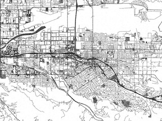 Obraz premium Hand-drawn style map illustration of Redlands, California, in black and white with detailed streets and neighborhoods.