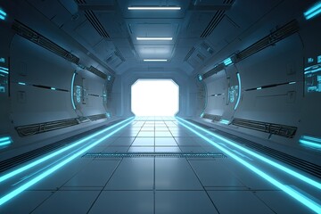 Futuristic corridor with glowing lights and bright exit in a space environment during twilight hours