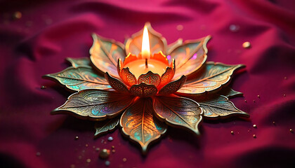 Decorative Candle Flame on Lotus Flower with Gold Accents Surrounded by Sparkling Gold Dust on Deep Red Satin