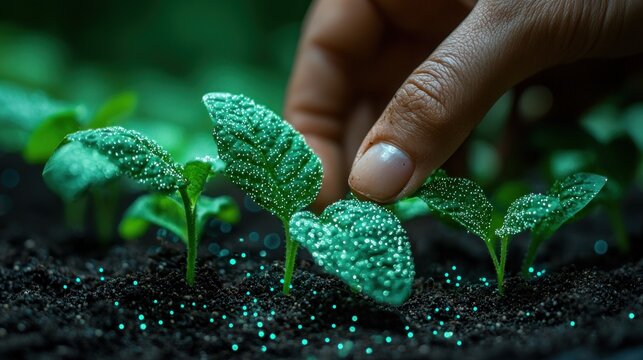 Hand gently touching young plant seedlings growing in rich soil.