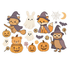 set of halloween stickers with cute animals. vector cartoon illustration. isolated on white background.