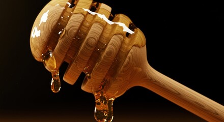 Close-up of honey dripping from wooden dipper against black background