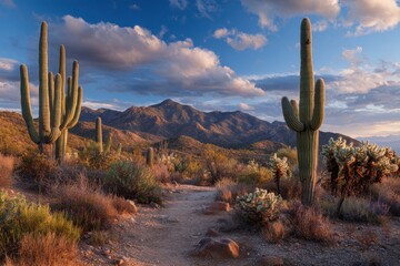 Desert Trail Saguaro. Hiking Path through Sonoran Desert at Sunset with Giant Cactus Silhouette