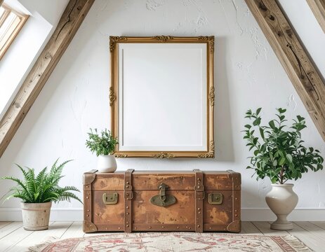 Attic Interior with Vintage Trunk Mirror and Plants. - Powered by Adobe