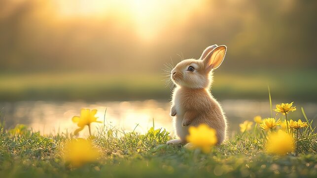 Cute Easter Bunny on Spring Meadow with Yellow Flowers and Water in Sunlight, Natural Holiday Background
 - Powered by Adobe
