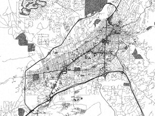 Obraz premium Stylized illustration of Santa Fe New, Mexico, showing its roads and neighborhoods in sketch-like black and white.