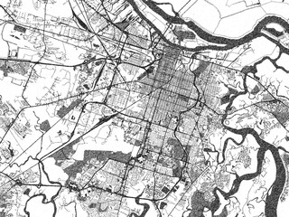 Monochrome sketch map of Savannah, Georgia, highlighting roads, rivers, and urban design.