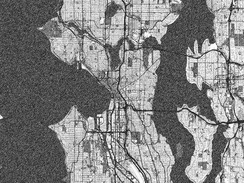 Decorative map of Seattle, Washington, rendered in sketch-like monochrome, ideal for posters and travel projects.