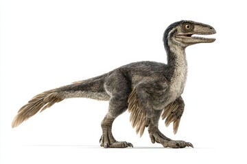 Obraz premium Dinosaur Feathers: Standing Aggressive Velociraptor With Feathers in Cretaceous Period - 3D Rendering