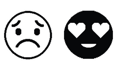 A cartoon vector illustration of a set of funny pixel faces and masks with a variety of smiles and emotions