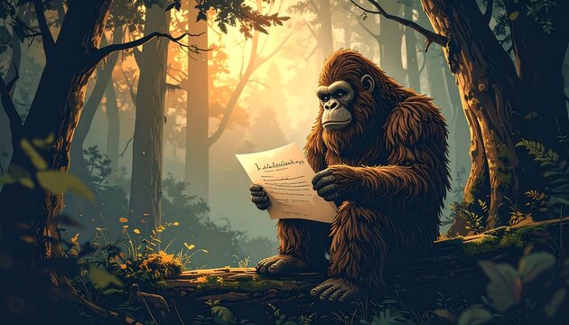 Bigfoot reads a document in a forest