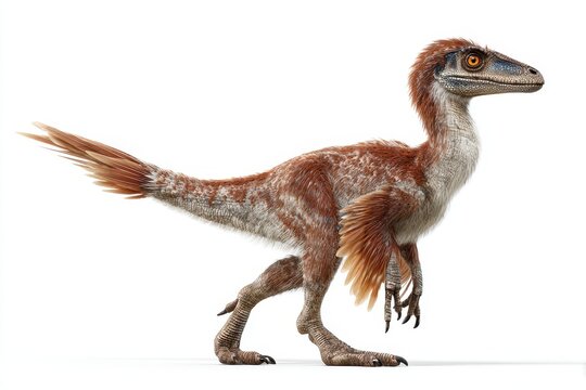 Dinosaur Feathers. Standing Aggressive Predator - Velociraptor mongoliensis from Cretaceous Period