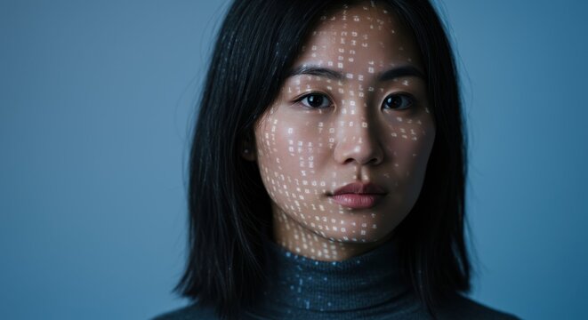 Asian woman with digital code projected onto face, head and shoulders