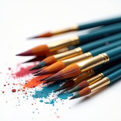 Fototapeta premium A bundle of artisan paintbrushes with visible dried paint, great for art branding, portfolios, and creative design projects.