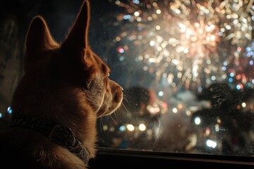 Dog and Fireworks Spectacular Event: Happy dog watching colorful fireworks display