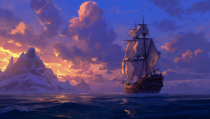 Obraz premium Majestic tall ship sails through dramatic ocean sunset with fiery clouds and jagged peaks