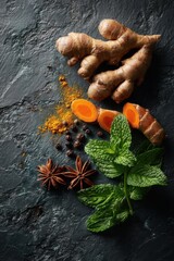Aromatic Spices and Herbs on Dark Textured Background.