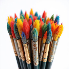 Fototapeta premium A bundle of artisan paintbrushes with visible dried paint, great for art branding, portfolios, and creative design projects.