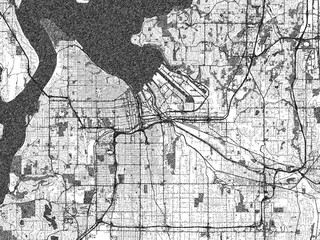 Obraz premium Hand-drawn style map illustration of Tacoma, Washington, in black and white with detailed streets and neighborhoods.