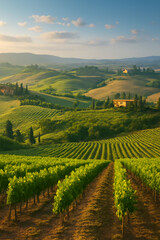 Scenic Rolling Hills of a Picturesque Vineyard in Golden Light