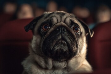 Obraz premium Dog Watching Movie. Curious Pug at Cinema. Selective focus on Pug and Motion Picture