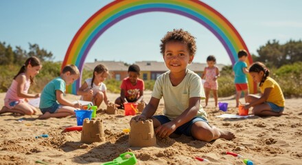 Children building sandcastles on beach under rainbow on sunny day