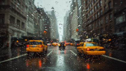 Rainy day in new york city with yellow taxis and blurred city lights