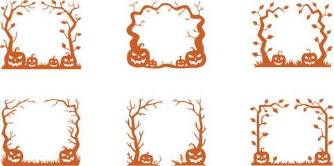 Set of six orange Halloween frames with spooky trees and jack o lanterns, isolated on transparent background